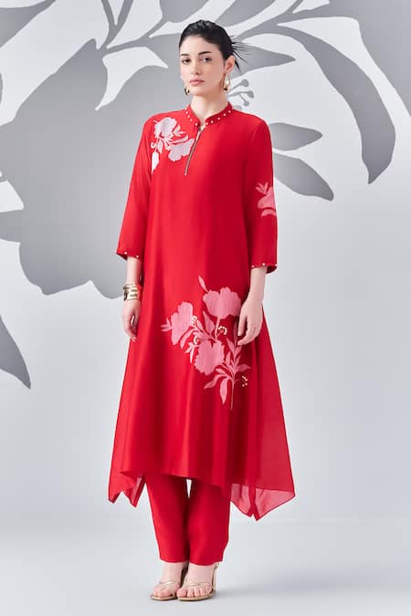 Shop Nachiket Barve Red Chanderi Silk, Cotton, Silk, Georgette Floral Asymmetric Kurta Pant Set Online at Aza Fashions Shop_Nachiket Barve_Red Chanderi Silk, Cotton, Silk, Georgette Floral Asymmetric Kurta Pant Set _Online_at_Aza_Fashions