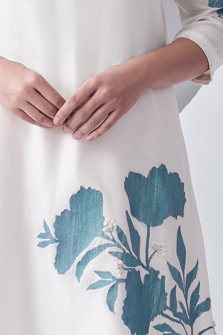 Buy_Nachiket Barve_Ivory Chanderi , Cotton, Embroidery Thread Asymmetric Kurta With Pant _Online_at_Aza_Fashions