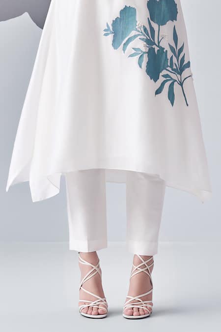 Shop_Nachiket Barve_Ivory Chanderi , Cotton, Embroidery Thread Asymmetric Kurta With Pant _Online_at_Aza_Fashions