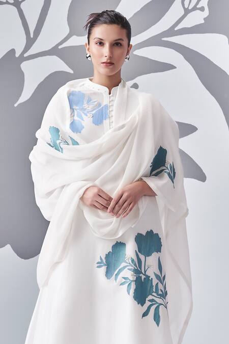 Nachiket Barve_Ivory Chanderi , Georgette, Cotton, Thread Asymmetric Kurta Pant Set _Online_at_Aza_Fashions