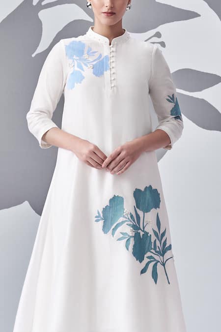 Buy_Nachiket Barve_Ivory Chanderi , Georgette, Cotton, Thread Asymmetric Kurta Pant Set _Online_at_Aza_Fashions