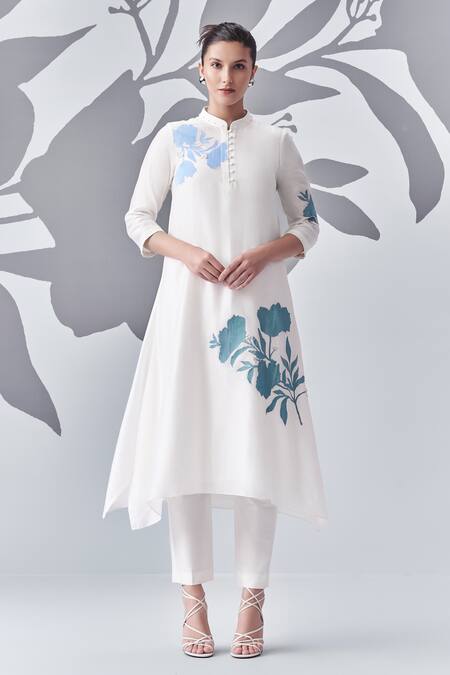 Nachiket Barve_Ivory Chanderi , Georgette, Cotton, Thread Asymmetric Kurta Pant Set _at_Aza_Fashions