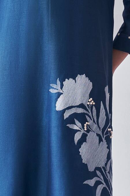 Nachiket Barve_Blue , , Satin, Floral Thread Kurta With Palazzo _Online_at_Aza_Fashions