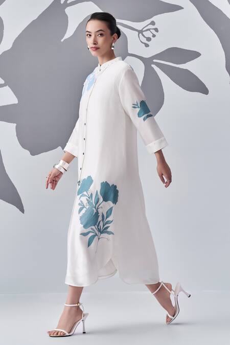 Buy_Nachiket Barve_Ivory Chanderi , Embroidery Mandarin Collar Floral Shirt Kurta _Online_at_Aza_Fashions