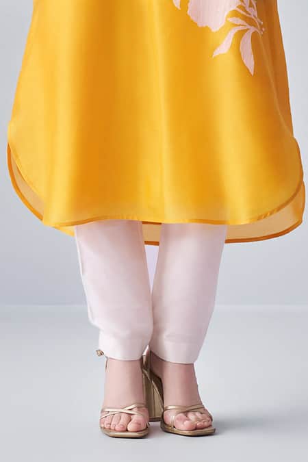 Shop Nachiket Barve Yellow Chanderi Silk Embroidery Mandarin Collar Floral Contrast Kurta With Pant Online at Aza Fashions Shop_Nachiket Barve_Yellow Chanderi Silk Embroidery Mandarin Collar Floral Contrast Kurta With Pant _Online_at_Aza_Fashions