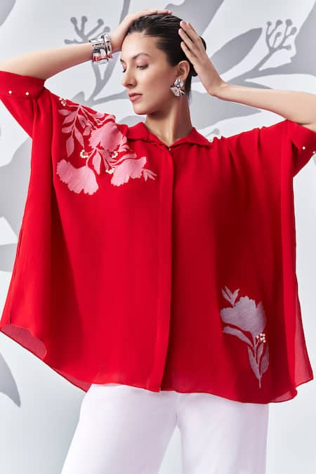 Nachiket Barve Floral Contrast Embroidered Poncho Shirt 