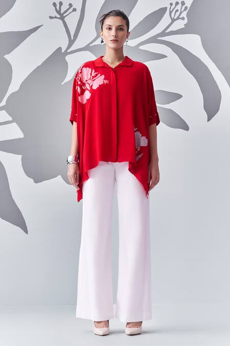 Buy_Nachiket Barve_Red Georgette Embroidery Floral Contrast Poncho Shirt _Online_at_Aza_Fashions