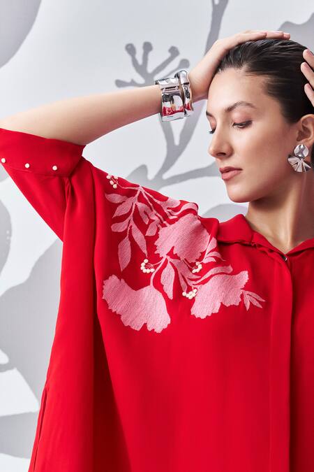 Shop_Nachiket Barve_Red Georgette Embroidery Floral Contrast Poncho Shirt _Online_at_Aza_Fashions