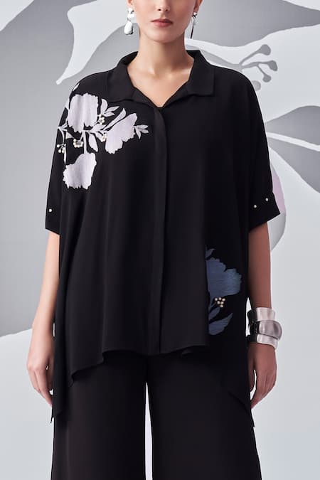 Nachiket Barve_Black Georgette Embroidery Shawl Neck Floral Poncho Shirt _Online_at_Aza_Fashions