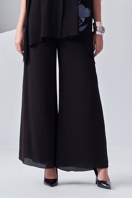 Buy_Nachiket Barve_Black Georgette Embroidery Shawl Neck Floral Poncho Shirt With Pant _Online_at_Aza_Fashions