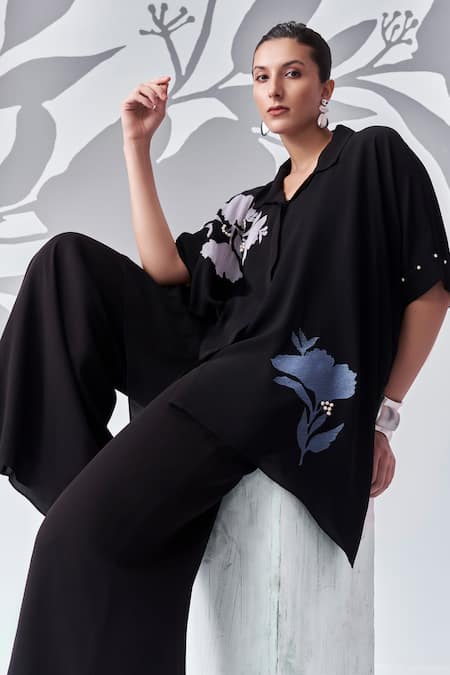 Shop_Nachiket Barve_Black Georgette Embroidery Shawl Neck Floral Poncho Shirt With Pant _Online_at_Aza_Fashions