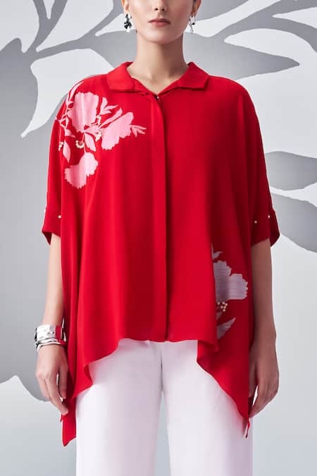 Nachiket Barve Red Georgette Embroidery Shawl Neck Thread Poncho Shirt With Pant Online at Aza Fashions Nachiket Barve_Red Georgette Embroidery Shawl Neck Thread Poncho Shirt With Pant _Online_at_Aza_Fashions