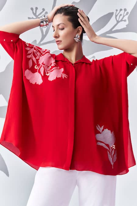 Nachiket Barve Red Georgette Embroidery Shawl Neck Thread Poncho Shirt With Pant at Aza Fashions Nachiket Barve_Red Georgette Embroidery Shawl Neck Thread Poncho Shirt With Pant _at_Aza_Fashions