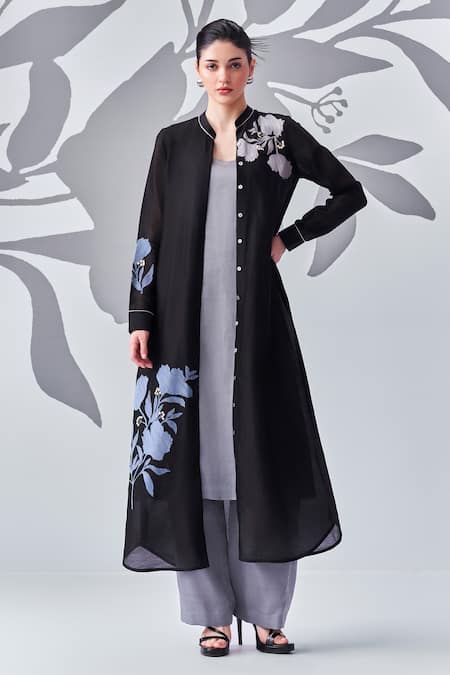 Nachiket Barve Black Jacket Chanderi Silk Embroidered Thread Jacket Mandarin Collar Pant Set 