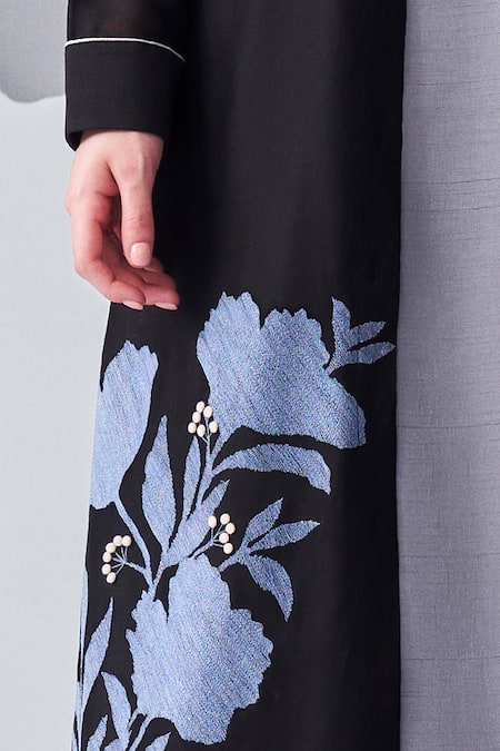 Nachiket Barve_Black Chanderi Silk, Viscose Embroidery Mandarin Collar, Thread Jacket Pant Set _Online_at_Aza_Fashions