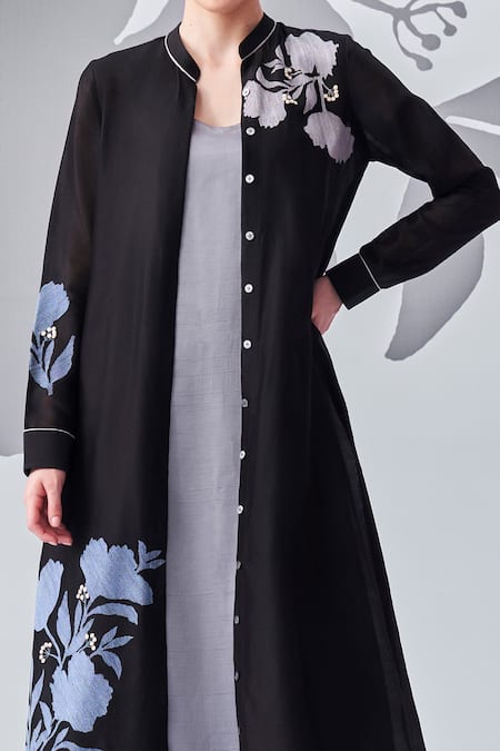 Buy_Nachiket Barve_Black Chanderi Silk, Viscose Embroidery Mandarin Collar, Thread Jacket Pant Set _Online_at_Aza_Fashions