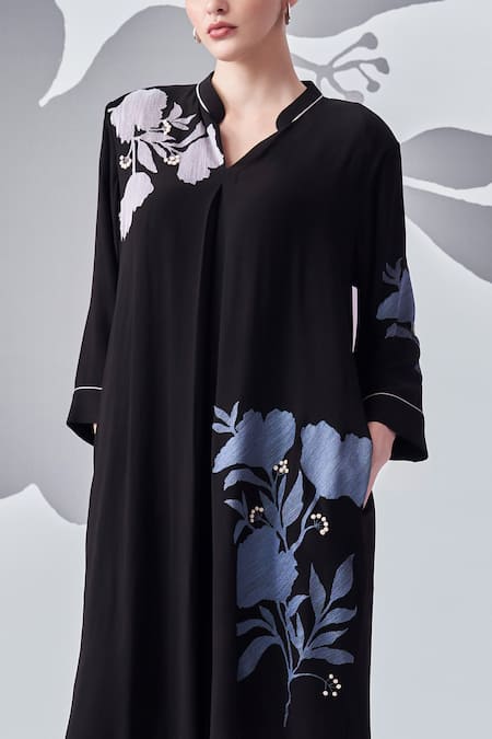 Nachiket Barve Black Georgette Embroidery Mandarin Collar Thread High-low Dress Online at Aza Fashions Nachiket Barve_Black Georgette Embroidery Mandarin Collar Thread High-low Dress _Online_at_Aza_Fashions