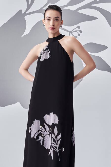 Nachiket Barve_Black Georgette, Crepe Embroidery Bandeau Neck Floral Layered Dress _Online_at_Aza_Fashions