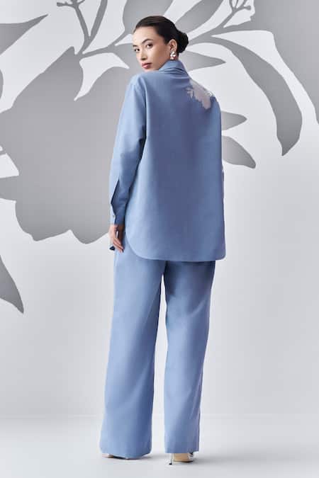 Nachiket Barve Denim Floral Embroidered Shirt With Trouser 