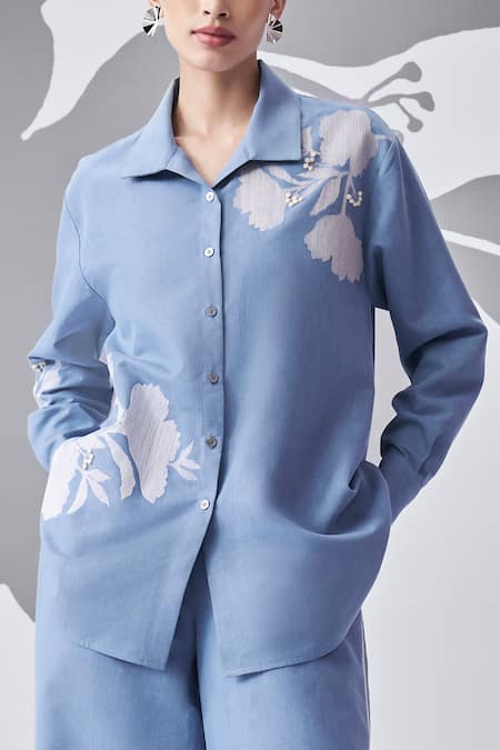 Nachiket Barve_Blue Denim Embroidery Shawl Neck Floral Shirt With Trouser _Online_at_Aza_Fashions