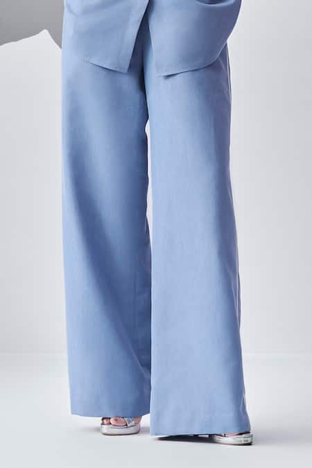 Buy_Nachiket Barve_Blue Denim Embroidery Shawl Neck Floral Shirt With Trouser _Online_at_Aza_Fashions