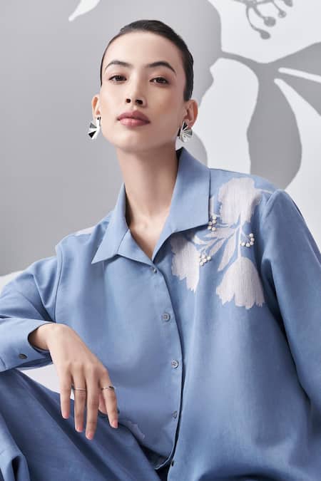 Shop_Nachiket Barve_Blue Denim Embroidery Shawl Neck Floral Shirt With Trouser _Online_at_Aza_Fashions
