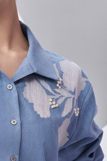 Nachiket Barve_Blue Denim Embroidery Shawl Neck Floral Shirt With Trouser _at_Aza_Fashions