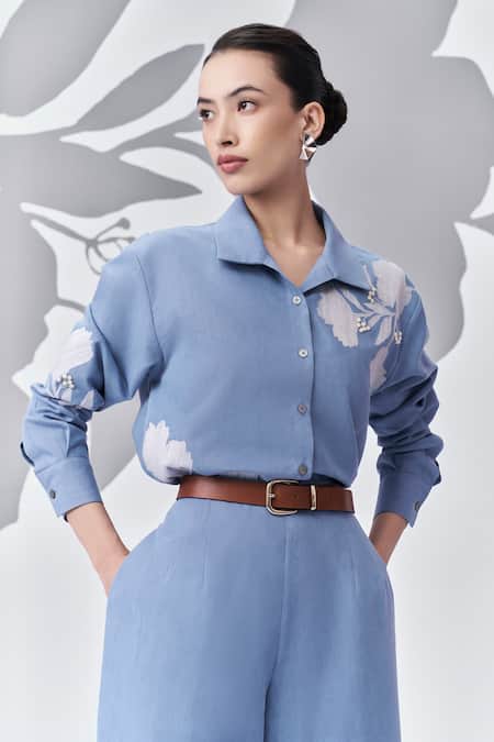 Buy_Nachiket Barve_Blue Denim Embroidery Shawl Neck Floral Shirt With Trouser 