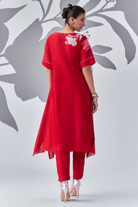 Nachiket Barve Contrast Thread Embroidered Asymmetric Kurta With Pant 