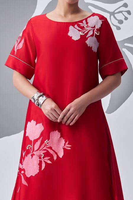 Nachiket Barve_Red Chanderi , Cotton, Contrast Thread Asymmetric Kurta With Pant _Online_at_Aza_Fashions