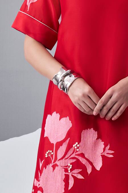 Buy_Nachiket Barve_Red Chanderi , Cotton, Contrast Thread Asymmetric Kurta With Pant _Online_at_Aza_Fashions