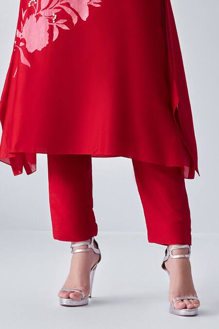 Shop_Nachiket Barve_Red Chanderi , Cotton, Contrast Thread Asymmetric Kurta With Pant _Online_at_Aza_Fashions