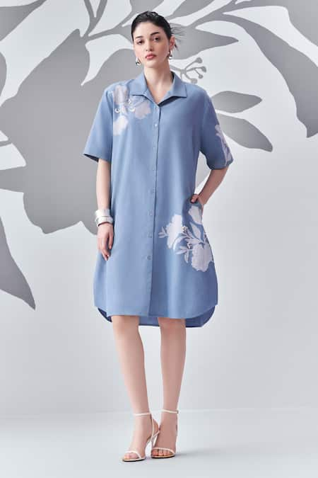 Nachiket Barve Blue Denim Embroidered Thread Shirt Collar Floral Dress 