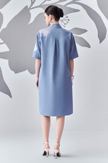 Nachiket Barve Denim Floral Embroidered Shirt Dress 