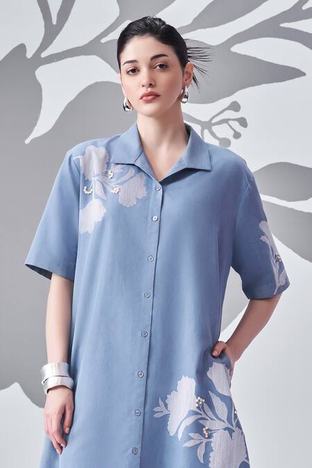 Nachiket Barve Blue Denim Embroidery Shawl Neck Floral Shirt Dress Online at Aza Fashions Nachiket Barve_Blue Denim Embroidery Shawl Neck Floral Shirt Dress _Online_at_Aza_Fashions
