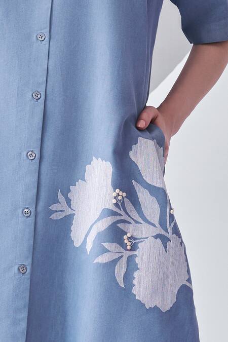 Buy Nachiket Barve Blue Denim Embroidery Shawl Neck Floral Shirt Dress Online at Aza Fashions Buy_Nachiket Barve_Blue Denim Embroidery Shawl Neck Floral Shirt Dress _Online_at_Aza_Fashions