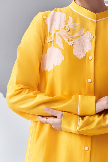 Buy Nachiket Barve Yellow Chanderi , Embroidery Mandarin Collar Thread Shirt Kurta Online at Aza Fashions Buy_Nachiket Barve_Yellow Chanderi , Embroidery Mandarin Collar Thread Shirt Kurta _Online_at_Aza_Fashions