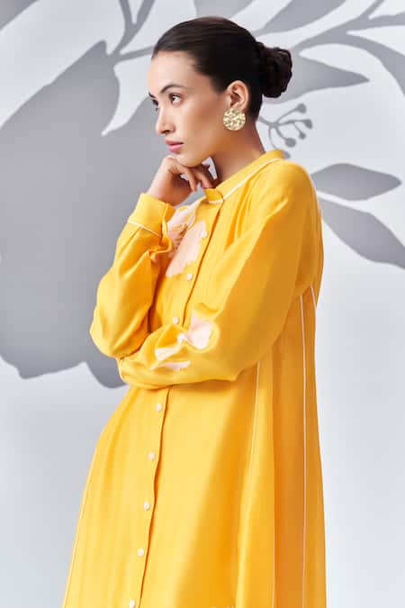 Nachiket Barve Yellow Chanderi , Embroidery Mandarin Collar Thread Shirt Kurta at Aza Fashions Nachiket Barve_Yellow Chanderi , Embroidery Mandarin Collar Thread Shirt Kurta _at_Aza_Fashions