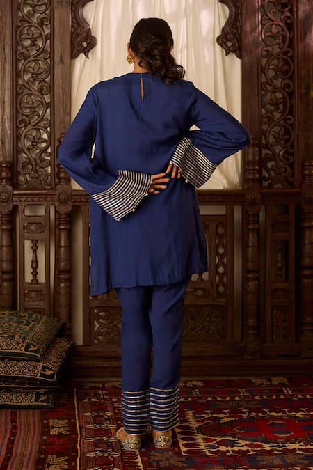 Shop Inej Blue Cotton, Silk Gota Patti, Sequins, Embroidered Kashmiri Kurta And Pant Set at Aza Fashions Shop_Inej_Blue Cotton, Silk Gota Patti, Sequins, Embroidered Kashmiri Kurta And Pant Set _at_Aza_Fashions