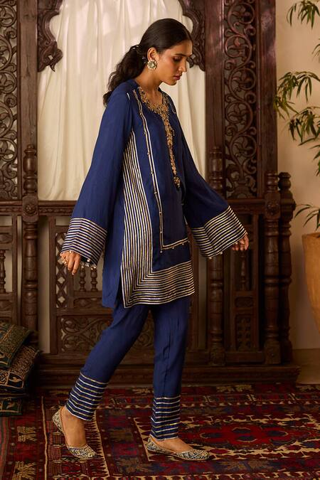 Buy Inej Blue Cotton, Silk Gota Patti, Sequins, Embroidered Kashmiri Kurta And Pant Set Online at Aza Fashions Buy_Inej_Blue Cotton, Silk Gota Patti, Sequins, Embroidered Kashmiri Kurta And Pant Set _Online_at_Aza_Fashions