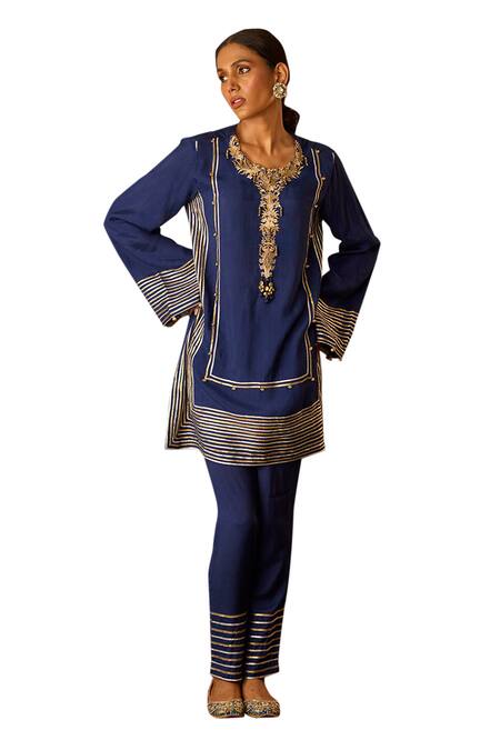 Shop Inej Blue Cotton, Silk Gota Patti, Sequins, Embroidered Kashmiri Kurta And Pant Set Online at Aza Fashions Shop_Inej_Blue Cotton, Silk Gota Patti, Sequins, Embroidered Kashmiri Kurta And Pant Set _Online_at_Aza_Fashions