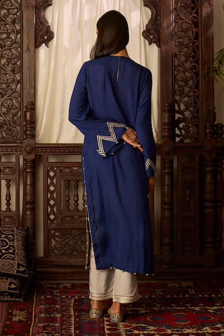 Shop Inej Blue Cotton, Silk Gota Patti, Embroidery Round Neck Straight Kurta And Pant Set at Aza Fashions Shop_Inej_Blue Cotton, Silk Gota Patti, Embroidery Round Neck Straight Kurta And Pant Set _at_Aza_Fashions