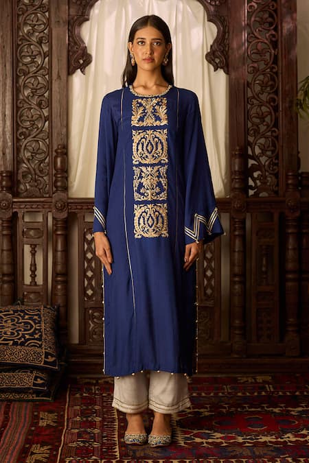 Inej Blue Cotton, Silk Gota Patti, Embroidery Round Neck Straight Kurta And Pant Set Online at Aza Fashions Inej_Blue Cotton, Silk Gota Patti, Embroidery Round Neck Straight Kurta And Pant Set _Online_at_Aza_Fashions