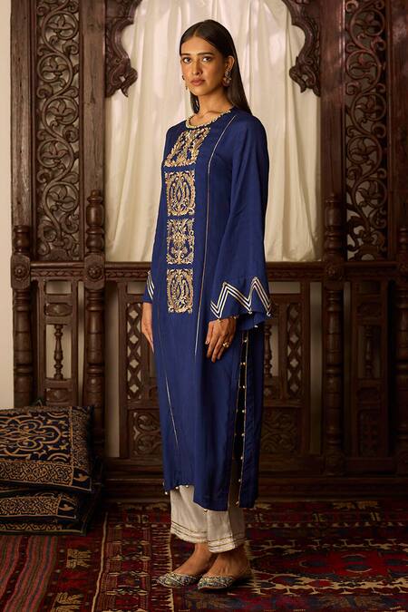 Buy Inej Blue Cotton, Silk Gota Patti, Embroidery Round Neck Straight Kurta And Pant Set Online at Aza Fashions Buy_Inej_Blue Cotton, Silk Gota Patti, Embroidery Round Neck Straight Kurta And Pant Set _Online_at_Aza_Fashions