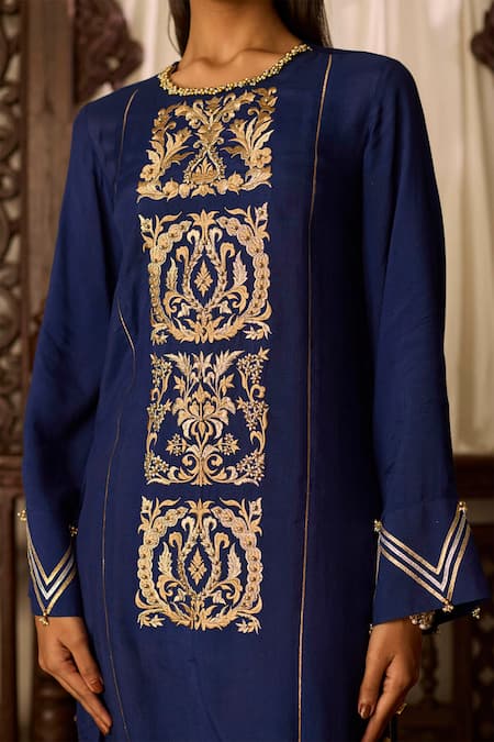 Shop Inej Blue Cotton, Silk Gota Patti, Embroidery Round Neck Straight Kurta And Pant Set Online at Aza Fashions Shop_Inej_Blue Cotton, Silk Gota Patti, Embroidery Round Neck Straight Kurta And Pant Set _Online_at_Aza_Fashions