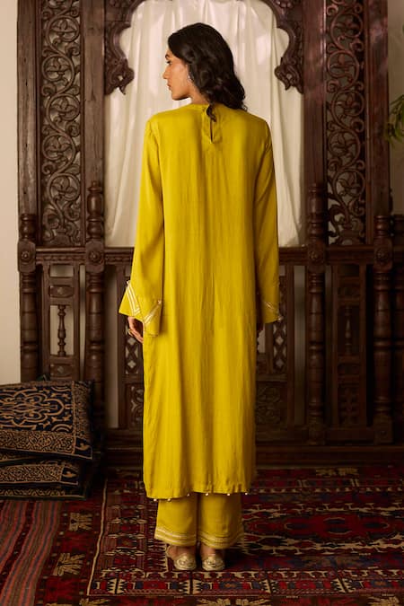 Shop Inej Yellow Cotton, Silk Gota Patti, Sequins, Embroidery Straight Kurta With Pant at Aza Fashions Shop_Inej_Yellow Cotton, Silk Gota Patti, Sequins, Embroidery Straight Kurta With Pant _at_Aza_Fashions