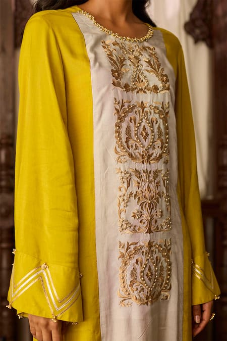 Buy Inej Yellow Cotton, Silk Gota Patti, Sequins, Embroidery Straight Kurta With Pant Online at Aza Fashions Buy_Inej_Yellow Cotton, Silk Gota Patti, Sequins, Embroidery Straight Kurta With Pant _Online_at_Aza_Fashions