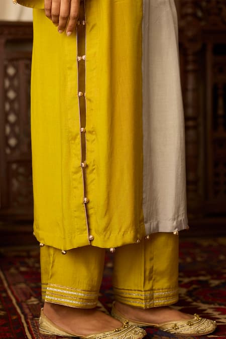 Shop Inej Yellow Cotton, Silk Gota Patti, Sequins, Embroidery Straight Kurta With Pant Online at Aza Fashions Shop_Inej_Yellow Cotton, Silk Gota Patti, Sequins, Embroidery Straight Kurta With Pant _Online_at_Aza_Fashions