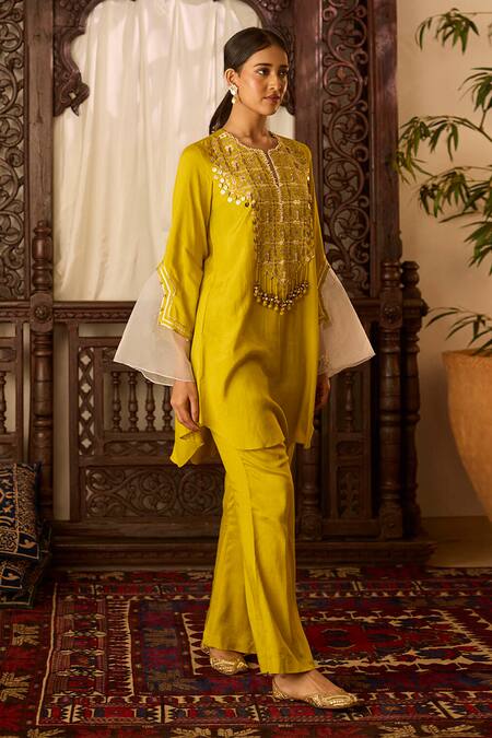 Inej Yellow Cotton, Silk Sequins, Tassels Embroidered Asymmetric Kurta With Pant Online at Aza Fashions Inej_Yellow Cotton, Silk Sequins, Tassels Embroidered Asymmetric Kurta With Pant _Online_at_Aza_Fashions