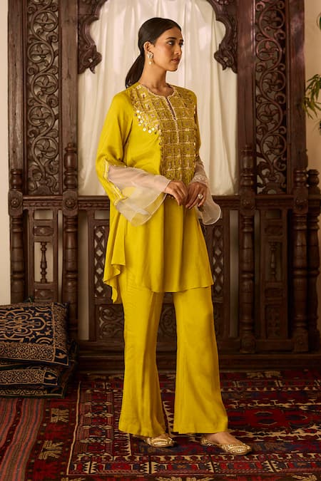 Buy Inej Yellow Cotton, Silk Sequins, Tassels Embroidered Asymmetric Kurta With Pant Online at Aza Fashions Buy_Inej_Yellow Cotton, Silk Sequins, Tassels Embroidered Asymmetric Kurta With Pant _Online_at_Aza_Fashions